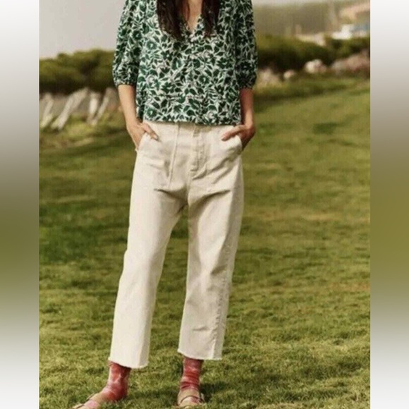 THE GREAT. Frayed Ranger Raw Hem Cropped Pant Cream 29 - Picture 2 of 8